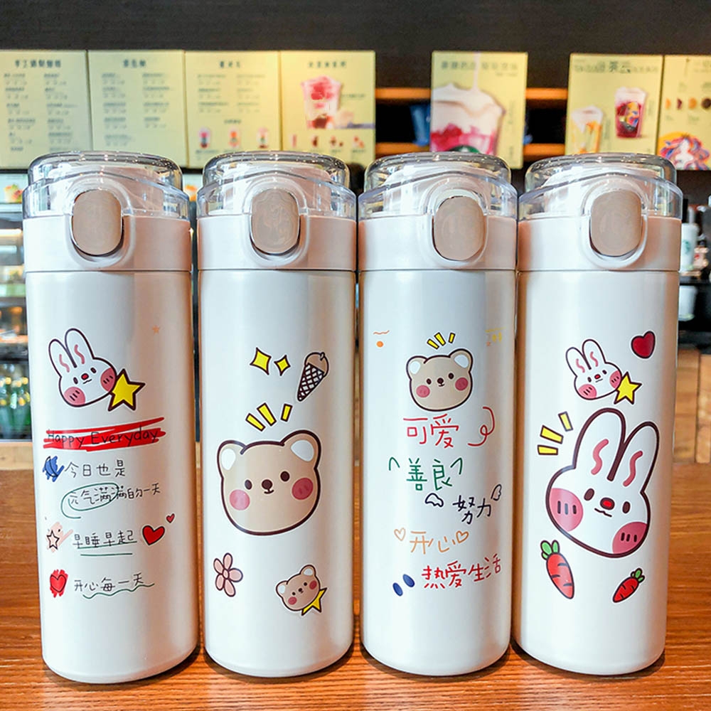 botol minum kaca aesthetic korean style model karakter lucu 450ml - BMK101 motif kartun Kancing Clip On Vacuum Cup