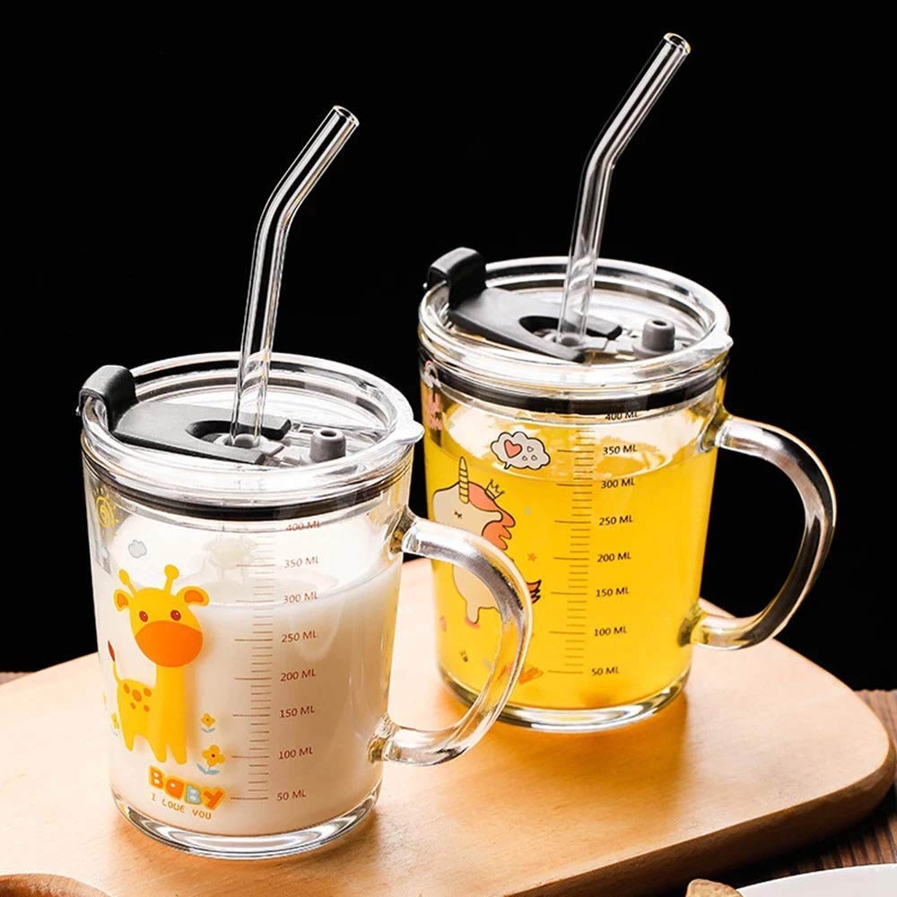 Gelas minum kaca anak sedotan 400ml motif kartun - GMK103 gelas viral cangkir minum susu kopi teh air putih / baby mug