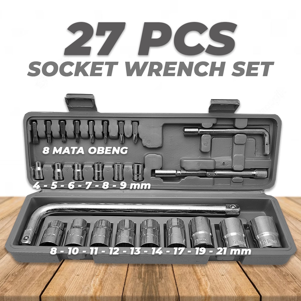 Kunci Sock / Socket / Shock / Sok Wrench 27 pcs Toolkit - kunci set Gagang  Sok Shock Full Set 27pcs motor rumah gudang dll
