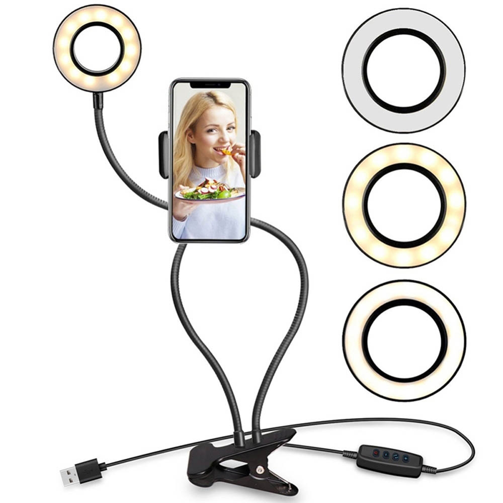 ring light jepit / lampu tik tok versi 2 / lampu belajar,  laptop, selfie, konten, youtube, belajar - 3 warna lampu + holder HP