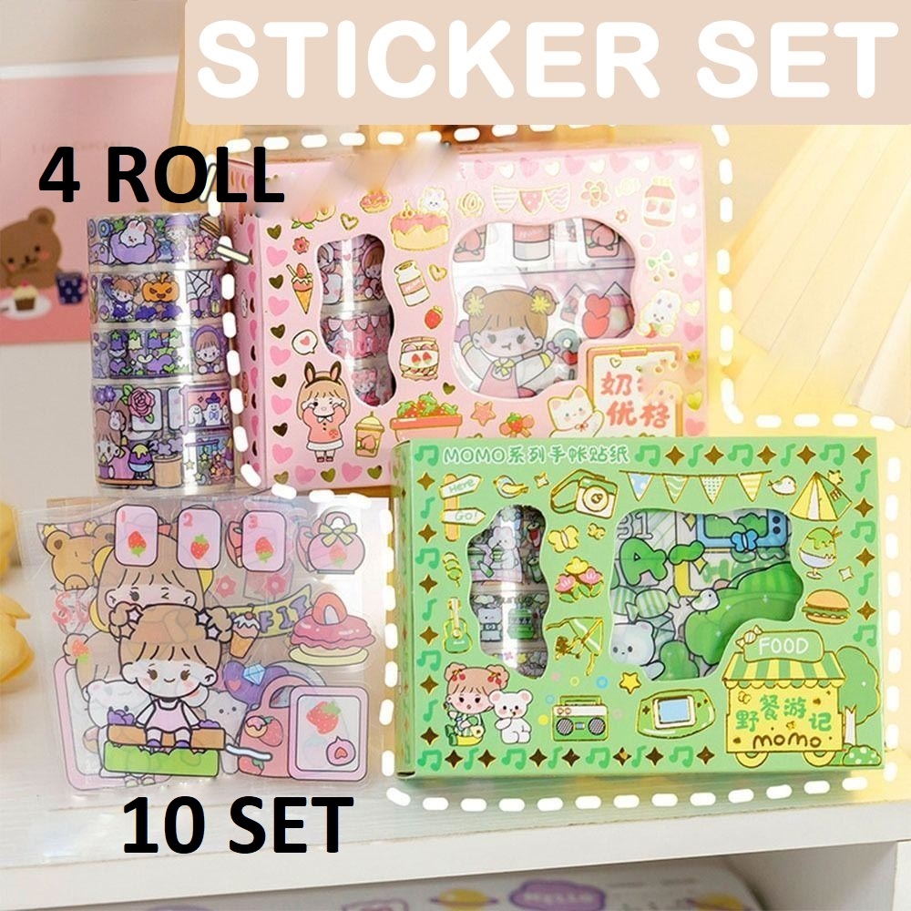Stiker box mini 10 lembar dan 4 roll TZ42 - Motif Kartun Korea Box PVC Anti Air Sticker Decorasi PACKAGING MINI BOX SIMPLE CUTE